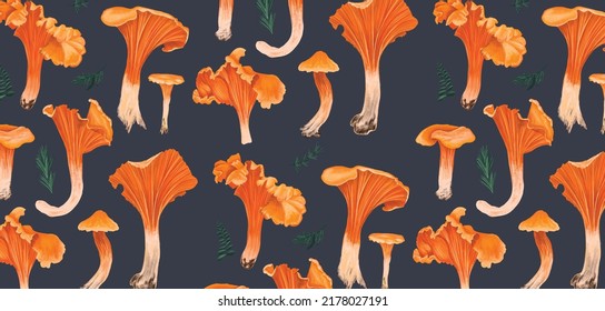 Chanterelles pattern on a black background. Various mushrooms, various natural materials. The basis for decor of fabric, paper, notebook covers, wallpapers. Vector pattern with edible raw mushrooms.