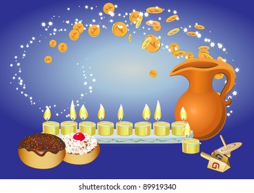 chanuka background with candles, donuts, oil pitcher and spinning top and  flying coines