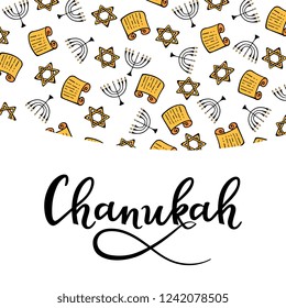 Chanukah Design Elements in doodle style. Traditional attributes of the menorah, Torah, star of David. hand lettering