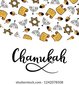 Chanukah Design Elements in doodle style. Traditional attributes of the menorah, Torah, star of David, dreidel. hand lettering