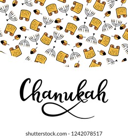 Chanukah Design Elements in doodle style. Traditional attributes of the menorah, Torah, dreidel. hand lettering