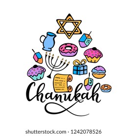 Chanukah Design Elements in doodle style. Traditional attributes of the menorah, dreidel, oil, Torah, donut. hand lettering
