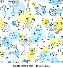 Chanukah Dreidel, Doughnut, Menorah Hand Drawn Seamless Pattern Vector Illustration . Hanukkah Sketches Isolated On White Background. David Star, Torah And Scroll.