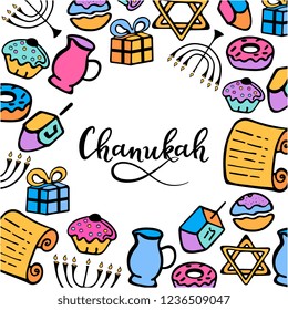 Chanukah frame in doodle style. Traditional attributes of the menorah, dreidel, oil, Torah, donut. hand lettering.