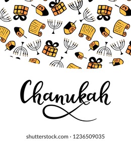 Chanukah greeting card in doodle style. Traditional attributes of the menorah, dreidel, Torah, gift. Hand lettering.