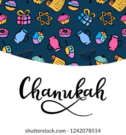 Chanukah greeting card in doodle style. Traditional attributes of the menorah, dreidel, oil, Torah, donut. hand lettering.