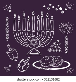 Chanukah hanukkah traditional jewish holiday doodle symbols set isolated vector illustration. Hand drawn sketch set