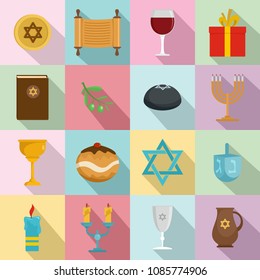 Chanukah jewish holiday icons set. Flat illustration of 16 chanukah jewish holiday vector icons for web