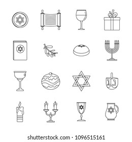 Chanukah jewish holiday icons set. Outline illustration of 16 chanukah jewish holiday vector icons for web