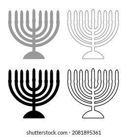 Chanukah menorah Jewish holiday candelabra with candles Israel candle holder set icon grey black color vector illustration image simple flat style solid fill outline contour line thin