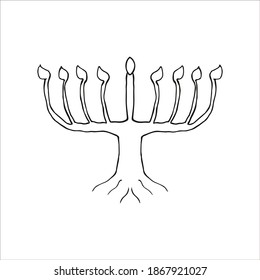 Chanukiah black silhouette in the form of a tree with roots. Jewish holiday of Hanukkah. Dudling Hanukkah. Vector illustration on isolated background.