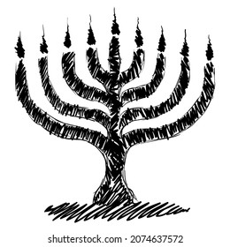 Chanukiah in doodle style with felt tip pen strokes in black color. Hand drawn design isolated over white background.