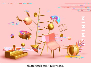 Chaos abstract background with 3d objects. Realistic geometric shapes. Design mess. Backdrop with geometric elements and levitation effect. Graphic digital glitch. vector illustration