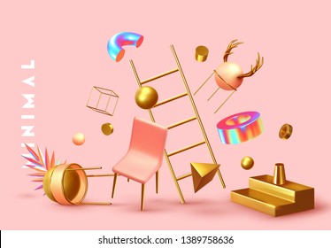 Chaos Abstract Background With 3d Objects. Realistic Geometric Shapes. Design Mess. Vector Illustration