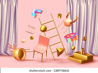 Chaos abstract background with 3d objects. Realistic geometric shapes. Design mess.
