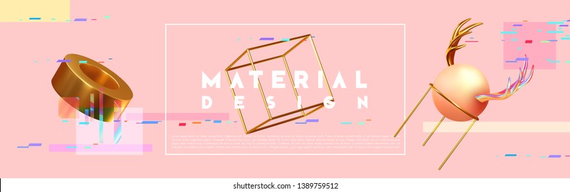Chaos abstract background with 3d objects. Realistic geometric shapes. Design mess. Horizontal poster, cover headers, Banner website. vector illustration