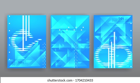 Chaos abstract geometric covers design. Cool halftone shiny gradients templates set. Fluid shapes poster composition. Retro futuristic creative 90s and 80s style. Modern flyers, banners and labels
