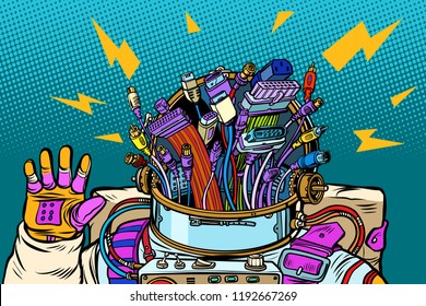 chaos of adapter cables, cyber astronaut from the future. Pop art retro vector illustration vintage kitsch