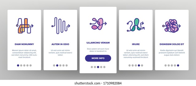 Chaos Arrow Bewegung Onboarding Icons Set Vektorillustration. Verwirrte komplizierte Weise wie Chaos oder Problem, chaotische Richtung, negative Weltraumillustrationen