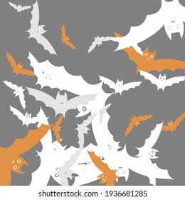 Chaos Attack Spooky Silver Modern Style Simple Art. Grey Retro Print Bats Vector Illustration. Black Motion Funny Scary Flying Bats Art Pattern. Light Creepy White Orange Halloween Art Illustration.