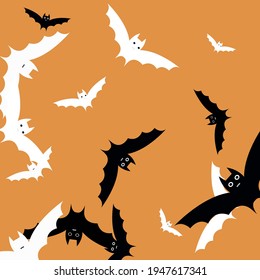El caos ataca el fondo de un blanco negro y moderno. Orange Funny Se Enfrenta Al Fondo Del Vector Bats. Moción Retro Ligera Aterradora Ilustración de Arte Halloween. Espantoso Patrón De Arte De Murciélagos Gris Voladores.