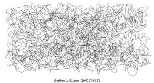 Chaos of black ink scribbles on white background with looped feel. Crazy swirling background with scribbles. Unruly swirling lines in vector graphics