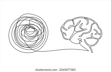 Chaos and brain, abstract minimalist concept vector illustration. Metaphor of disorganized difficult problem mess with single continuous tangle thread in need of unraveling, found solution.