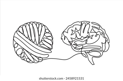 Chaos and brain, abstract minimalist concept vector illustration. Metaphor of disorganized difficult problem mess with single continuous tangle thread in need of unraveling, found solution.	