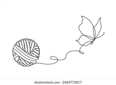 Chaos and butterfly, abstract minimalist concept vector illustration. Metaphor of disorganized difficult problem found solution, mess with single continuous tangle thread in need of unraveling.	