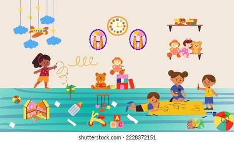 Chaos in the children's room, children drawing on a sheet of paper, a girl drawing on the wall, untidy toys scattered on the carpet. flat mess indoors ,cartoon vector illustrations