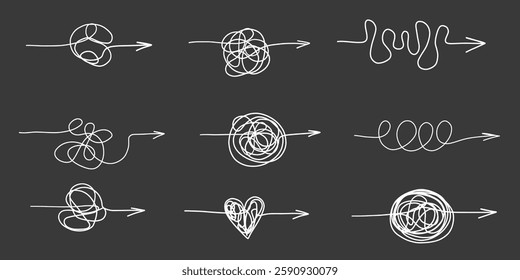 Chaos clarity arrow wire thread doodle sketch set. Hand drawn swirl way line solving trouble, problem collection. 