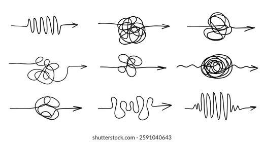 Chaos clarity arrow wire thread doodle sketch set. Hand drawn swirl way line solving trouble, problem collection. 
