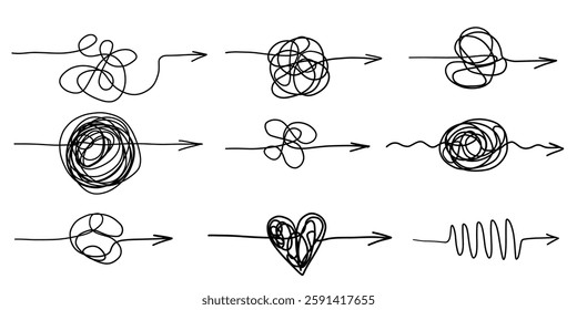Chaos clarity arrow wire thread doodle sketch set. Hand drawn swirl way line solving trouble, problem collection. 