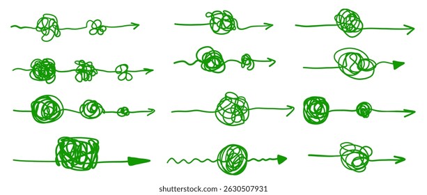 Caos seta clareza fio fio fio doodle esboço conjunto. Linha em espiral desenhada à mão resolvendo problemas, coleção de problemas, linha de solução.
