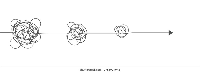Chaos to clarity concept illustration. Scribble problem solving progress arrow. Messy thinking to organized solution. Creative process idea visualization