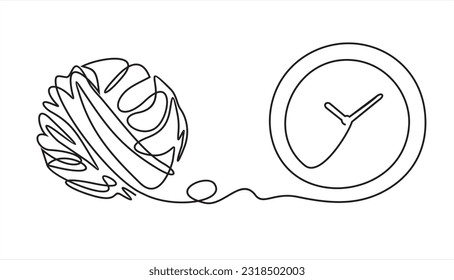 Chaos y reloj abstracto concepto minimalista ilustración vectorial. Metáfora de un problema difícil desorganizado, lío con un solo hilo de enredo continuo negro que necesita desenmarañarse aislado en blanco