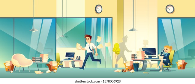 Chaos in company office cartoon vector with hurrying, busy business people, scattered documents and mess in office interior illustration. Difficult day at work, project deadline terms failure concept