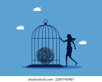 Chaos control. woman locking chaos problem in birdcage. concept of business