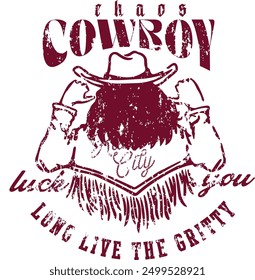 "Chaos Cowboy" t-shirt design: A gritty, vintage-style graphic featuring a shadowy cowboy figure with bold, rebellious phrases. Perfect for western wear enthusiasts.