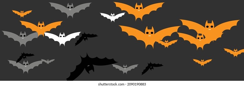 Chaos Creepy Spooky Dracula Vampire Backdrop. Horror Party Black Faces Gothic Bats Background. White Orange Fear Funny Cartoon Halloween Art Illustration. Monster Grey Sky Mysterious Scary Bats.