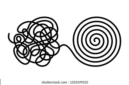 Chaos and disorder turns into a formed even tangle with one line. Chaos and order theory. flat vector illustration isolated on white background