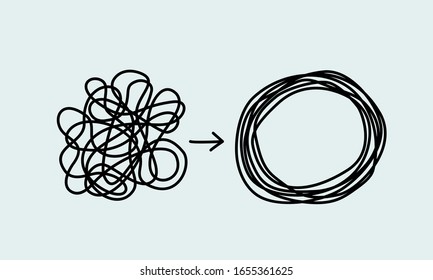 Chaos And Disorder Turns Into A Formed Even Tangle With One Line. Chaos And Order Theory. Flat Vector Illustration Isolated On White Background