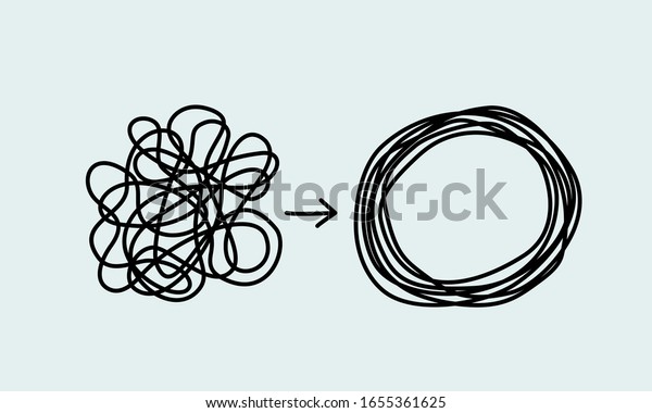 Chaos and disorder turns into a formed even\
tangle with one line. Chaos and order theory. flat vector\
illustration isolated on white\
background