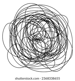 Chaos from doodles. Scratched object made of lines. Sketch. Black and white vector illustration. Hand drawn style. Tangled sphere with swirls. Outline on isolated white background. Web design idea