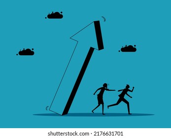 chaos in the economic crisis. Businessman fleeing from the falling growth arrow