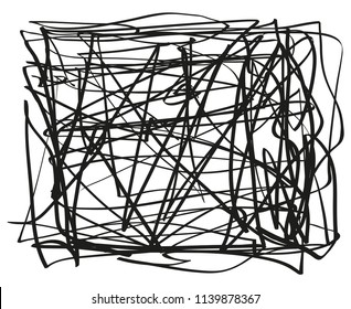 Chaos element on white. Abstract tangled texture. Random chaotic lines. Hand drawn dinamic vertical scrawls. Black and white illustration. Background with stripes. Universal pattern. Art creation