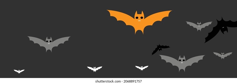 Chaos Fear Funny White Gothic Bats Illustration. Horror Faces Scary Cartoon Mysterious Halloween Modern Design. Grey Vampire Monster Creepy Party Bats. Spooky Orange Sky Dracula Black Backdrop.