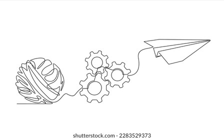 Chaos, gears and paper plane, abstract concept vector illustration. Metaphor of disorganized difficult problem found solution, mess with single continuous tangle thread in need of unraveling.