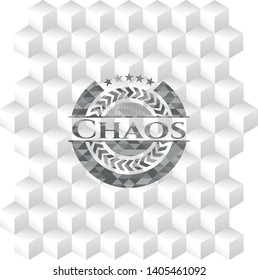 Chaos grey badge with geometric cube white background