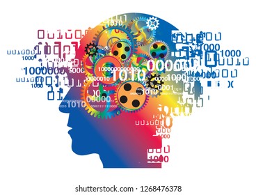 
Chaos in the head,burnout syndrome.
Colorful  illustration of Stylized silhouette of Man with gear and binary codes.